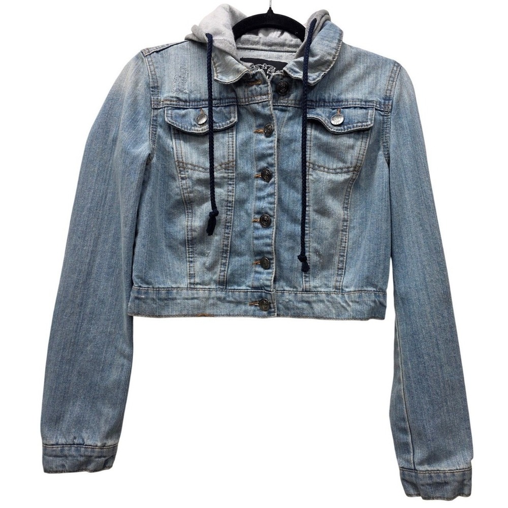 Chocolate USA Juniors Medium Light Wash Hooded Denim Jacket Cropped Distressed